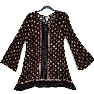 MOSSIMO Tunic Top Women’s SZ M Black Red Paisley Print Bell Sleeves Boho Chic